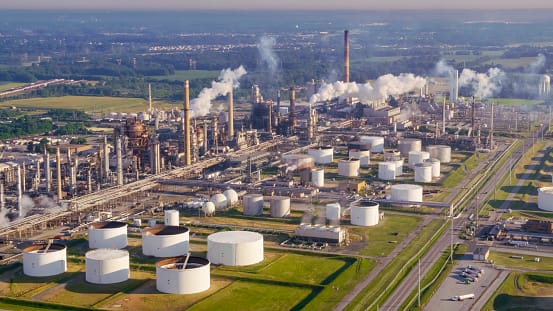 Aerial shot of an industrial area. Shot in USA.